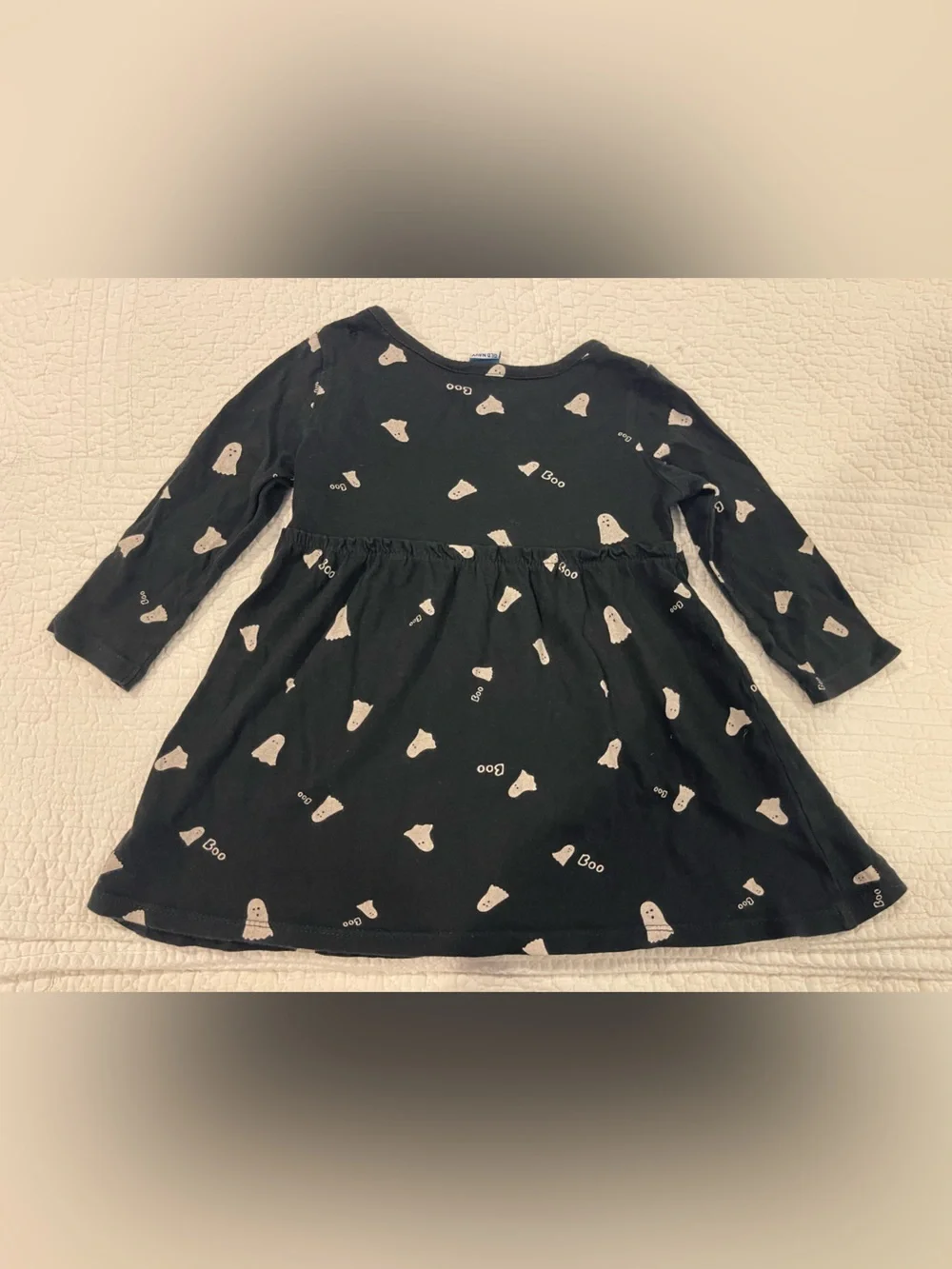 Old Navy Halloween Black Long-Sleeve Dress White Ghosts 12-18 Months 100% Cotton